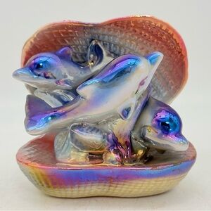 Vintage Iridescent Ceramic Dolphins trio Clamshell Figurine | Coastal Decor